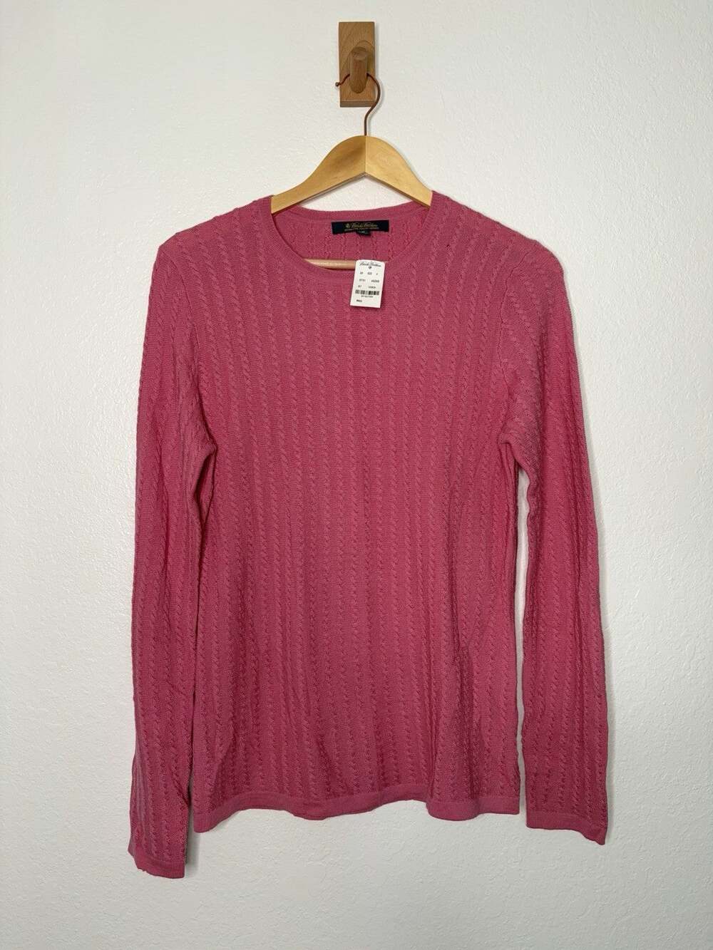 NWT Brooks Brother Pink Merino Wool Cable Knit Crewneck Sweater Size Medium